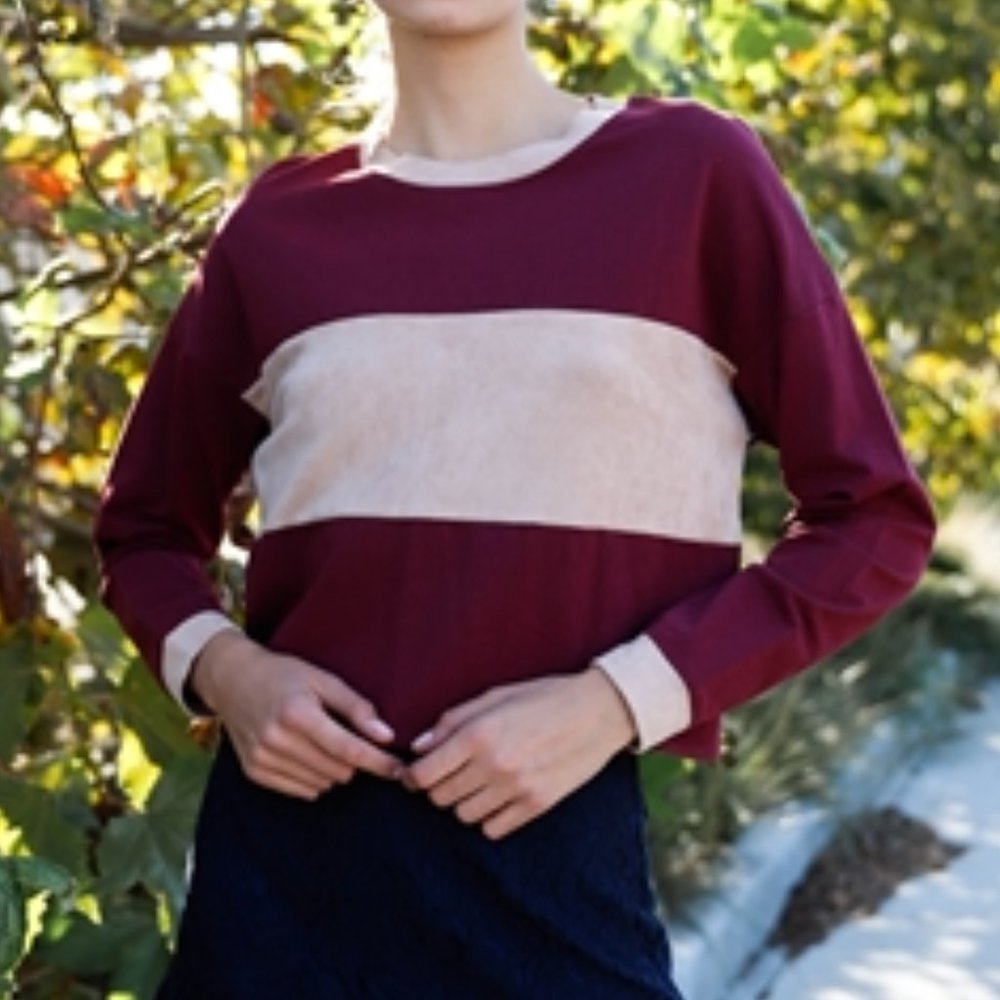 Vintage designed Burgundy Colorblock Long Sleeve Crop Top Sweatshirt